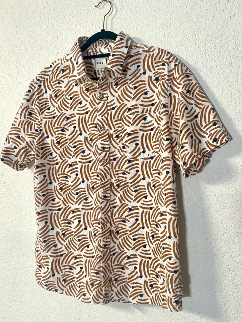 Short-Sleeve Casual Button-Down Cotton Shirt in Cream and Brown
